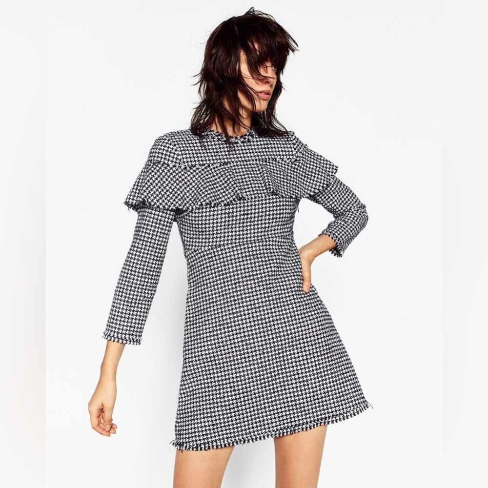 Zara Woman Frilled Long Sleeve Houndstooth Pattern Dress. Size-Medium. Mod